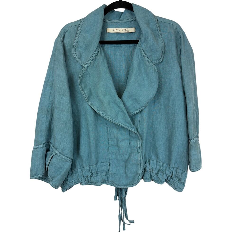 Cynthia Ashby Blue Linen Blend 3/4 Sleeve Snap Up Jacket Size XL